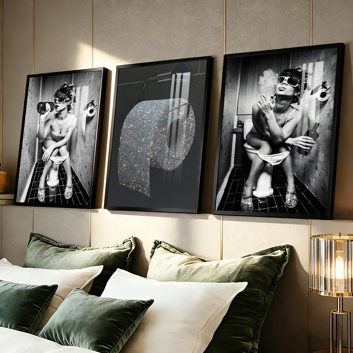 3 Counts Aluminum Alloy Framed Painting, Funny Woman Bathroom Drinking And Smoking Poster, Home Decoration For Living Room, Bedroom, Office, Restaurant, Hallway Wall Decor, Odorless Print Artwork, Luxury Perfect Gift For Friends And Family