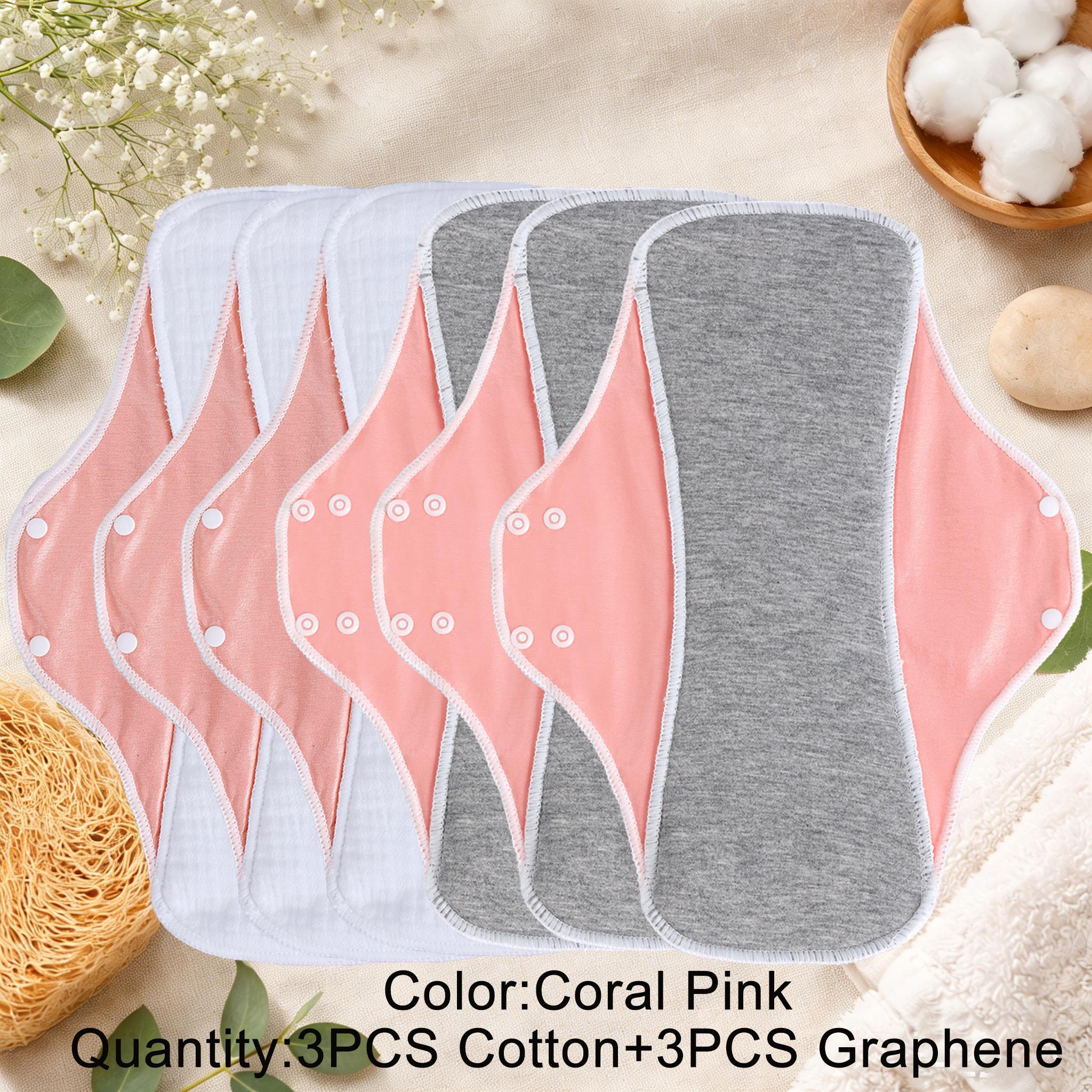 Reusable Washable Sanitary Pads, Graphene Cotton, Heavy Flow, Breathable Liner, High Absorbency, Night Use, 6 Pack Value Bundle,  Leak-Proof, Heavy Flow Overnight Menstrual Cloth Pads, Washable & Reusable，  (5 Colors: Skin/Green/Pink/Coral/Yellow)