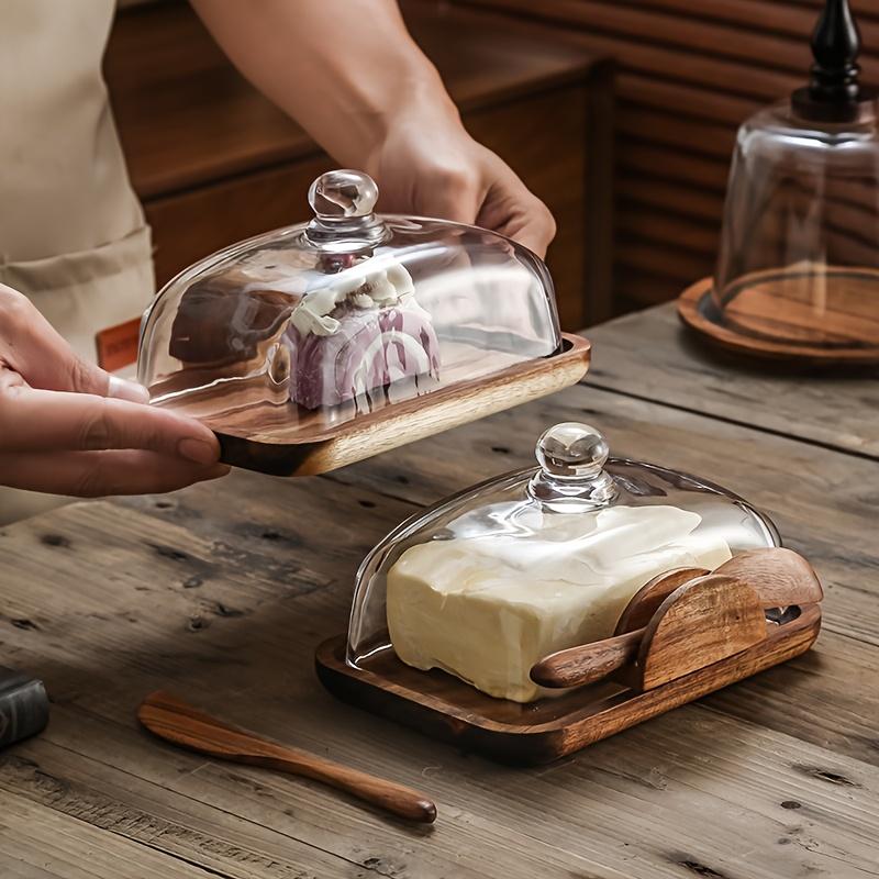 A Wooden Butter Dish with a Glass Lid And Wooden Knife, Suitable for Butter, Cheese, And Snacks - a High-Quality Essential for Kitchen Baking, Featuring a Covered Butter Dish, a Snack Serving Tray, Elegant Table Decor, And Durable Kitchenware