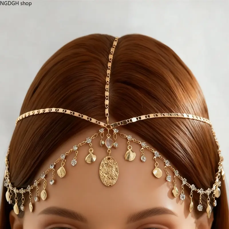 High Elastic Gold Rhinestone Hair Chain - Boho Tassel Headpiece with Crystal Pendants, Vintage Festival Hair Accessory, Trendy Jewelry for Party & Wedding