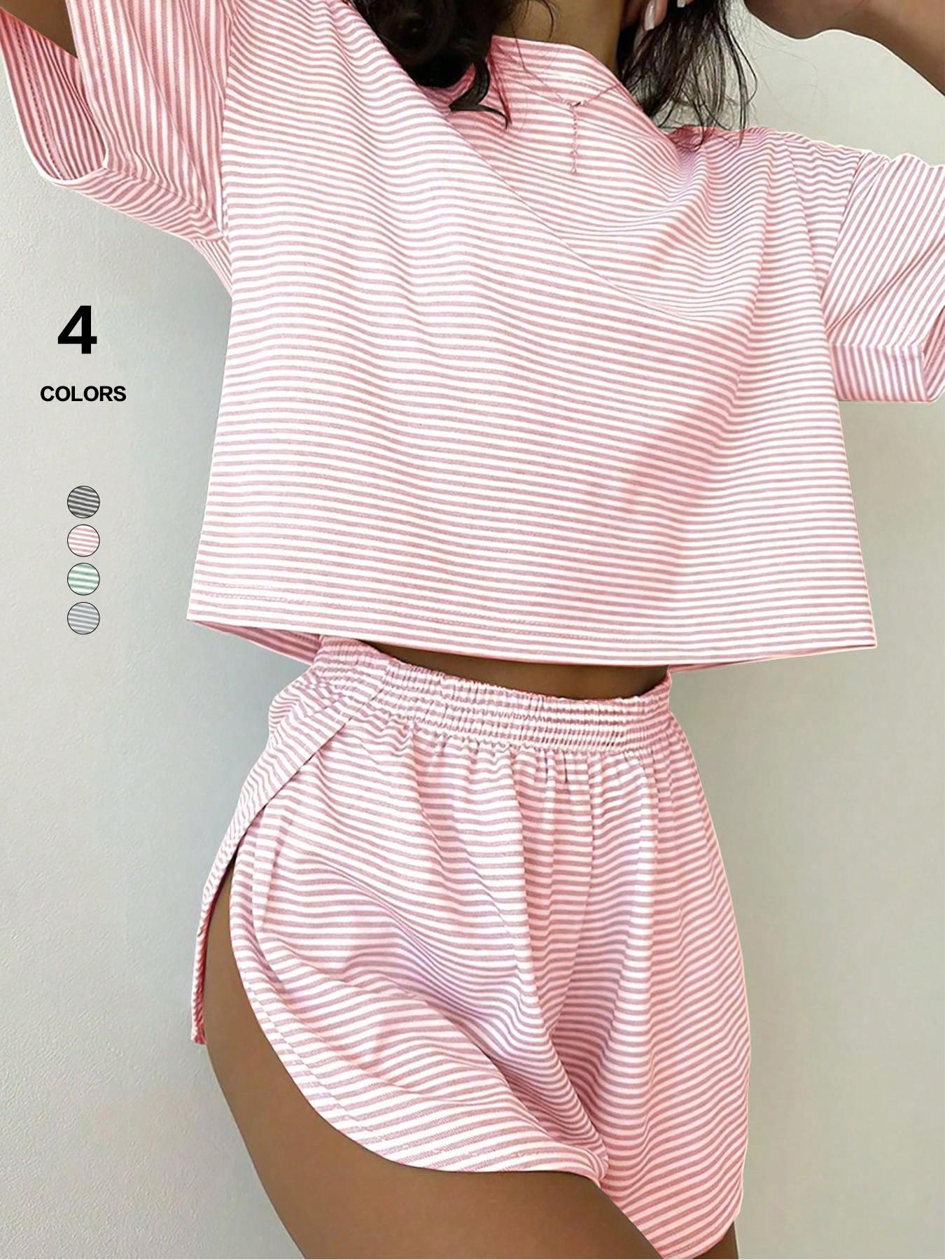 Women's Solid Color Ribbed Crew Neck Crop Top & Drawstring Waist Shorts, Fitted Casual Comfy Lounge Wear, All-Season Sleepwear
