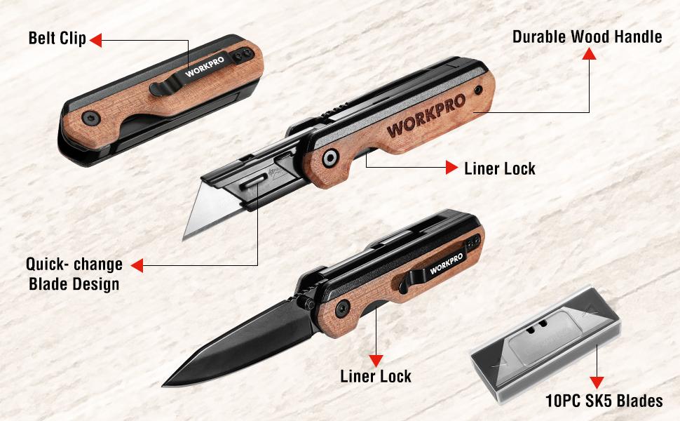 #JumpstartSale WORKPRO 2-in-1 Folding Knife/Utility Knife, Quick-Change Box Cutter with Belt Clip, Liner Lock, and G10 Handle, Extra 10 SK5 Blades Included