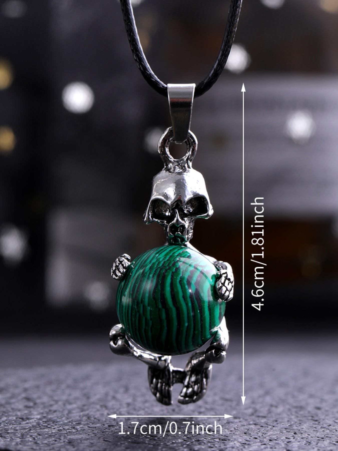 Natural Amethyst Round Bead Pendant Necklace, Bold Skull Design, Unique Fashion Accessory, Trendy European Style Jewelry