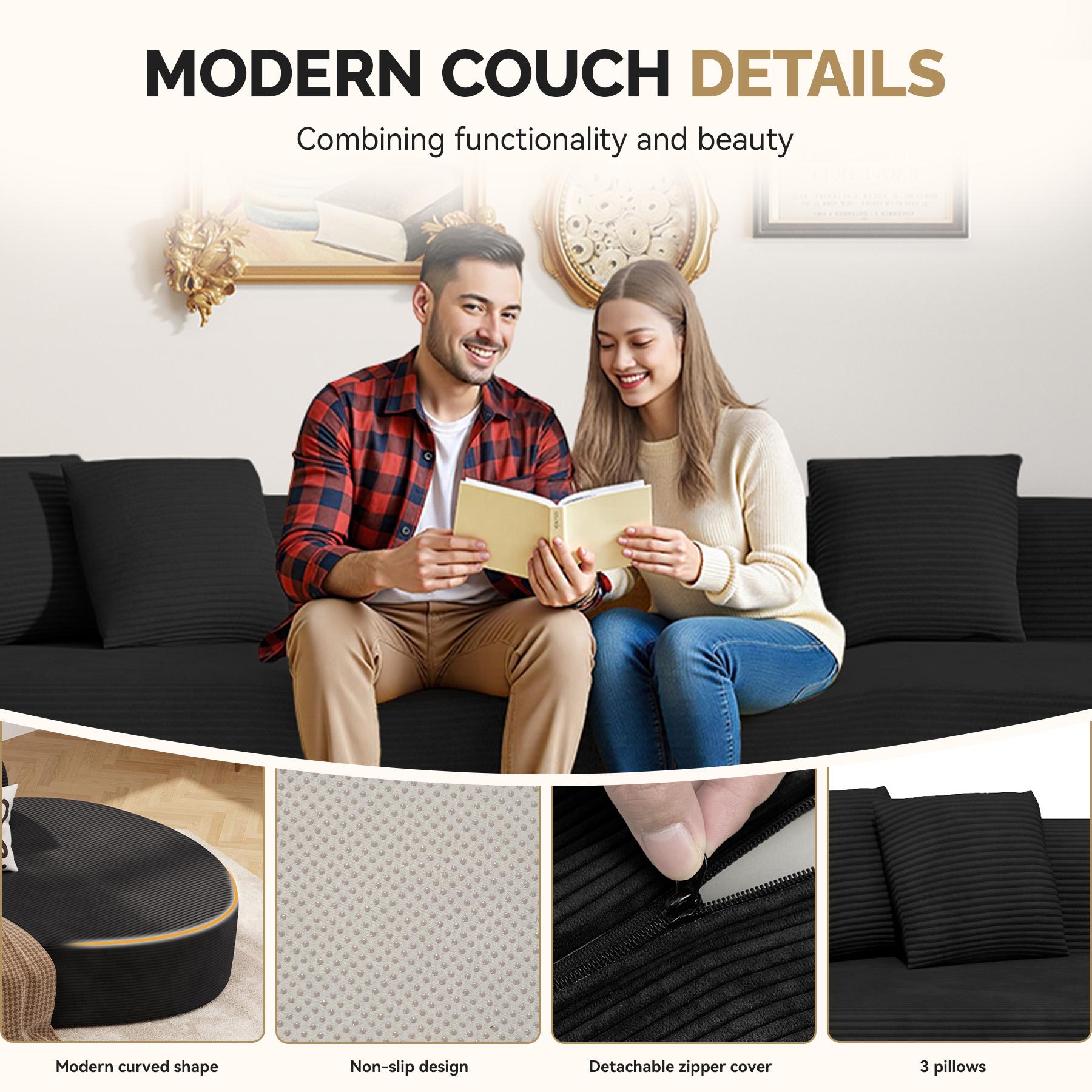 【Shipped in Two Packages】Modern Style Curved Sofa, Upholstery Corduroy Sofa Couch with 3 Pillows, Oversized Sleek Curved Sectional Boucle Fabric Couch for Living Room White