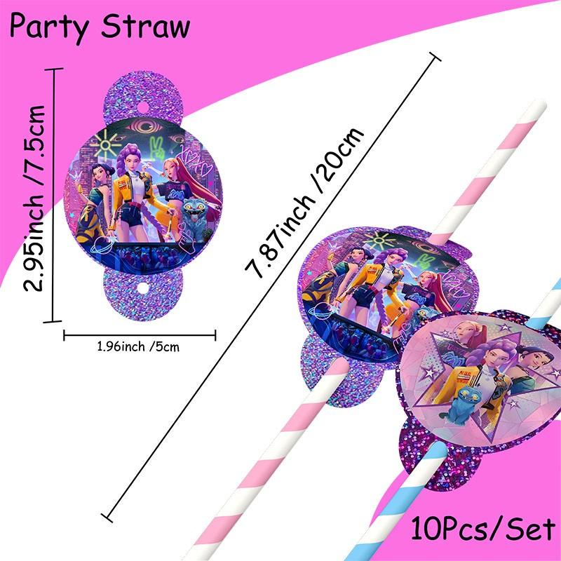 Party Straws, Kids Birthday Party Supplies, Reusable Drinking Straws, Cartoon Straw Toppers, 10Pcs Party Favors, Colorful Striped Straws, BPA-Free Plastic Straws, Themed Party Decorations, Girls Party Straws, Glitter Decor Straws