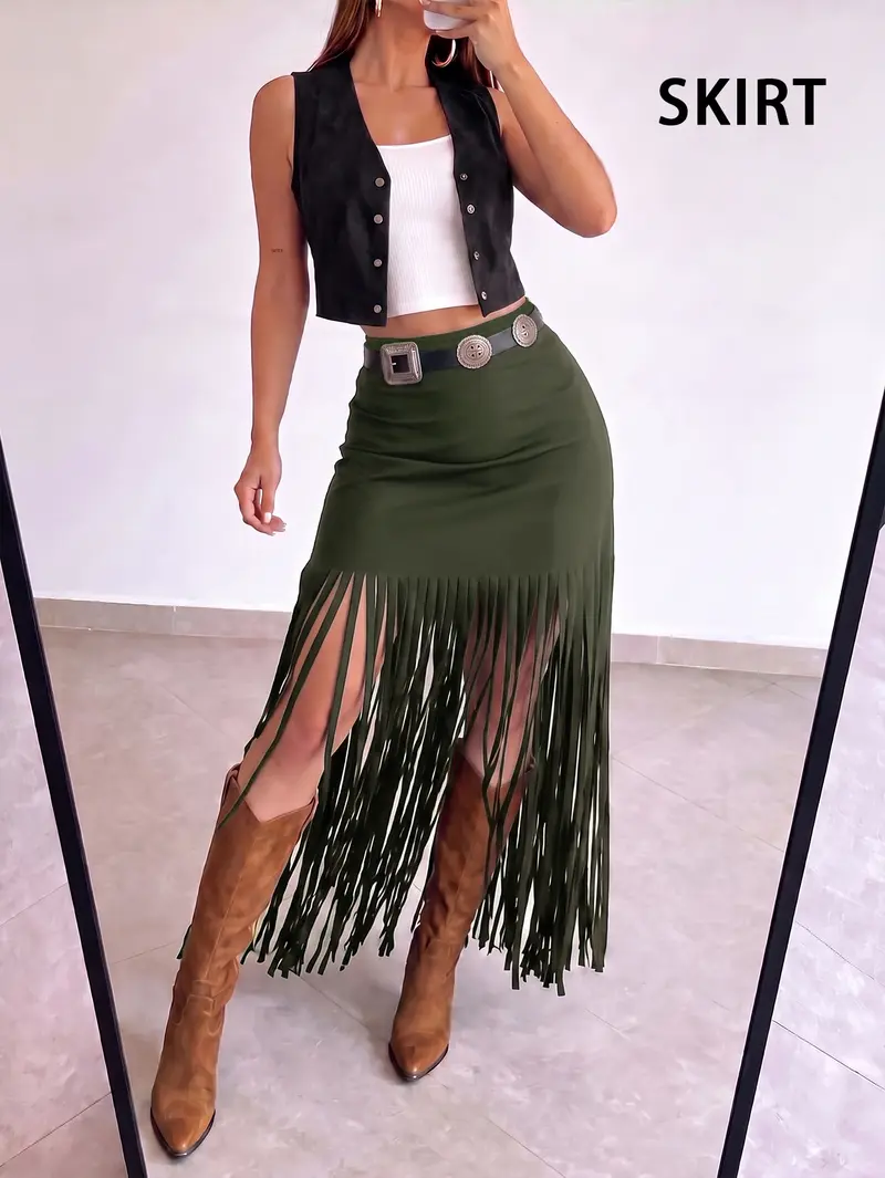 Elegant Punk Style Y2K Women's Summer Solid Color Waistband Elastic Band Hem Fringe Fitted Midi Skirt, Fashionable and Stylish Design