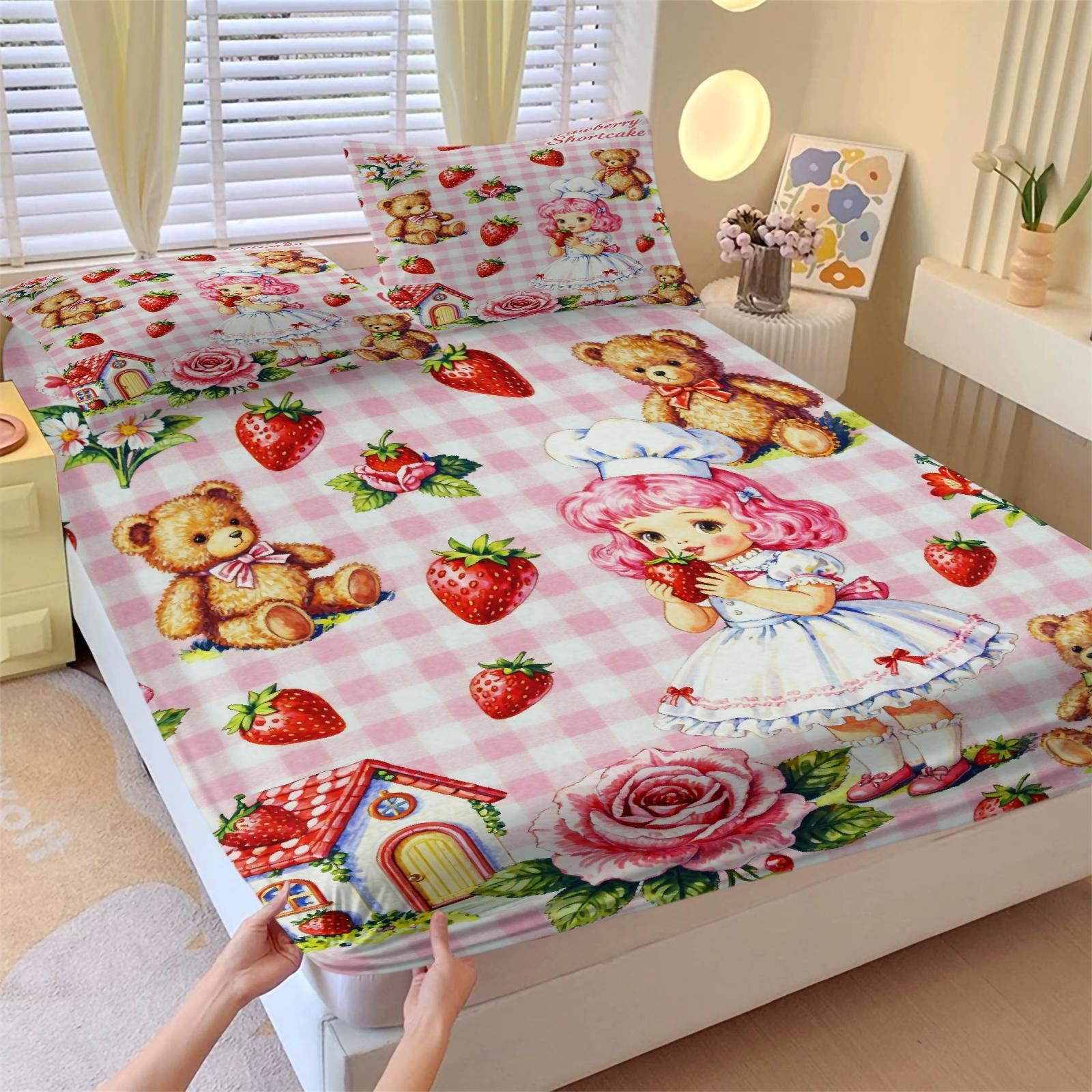 Strawberry Shortcake Gingham Fitted Sheet Set, 1 Fitted Sheet + 2 Pillowcases - 3 Pcs Soft Breathable Bedding with Deep Pocket, 360° All-Round Wrap, Wrinkle Resistant, Cute Strawberry Cartoon Bed Sheets for Girls Bedroom Decor, Full Size