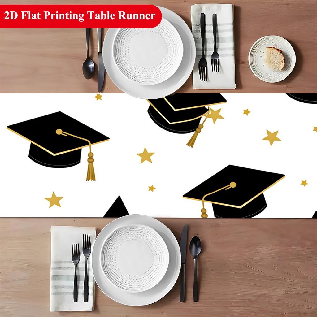 2D Table Runner, Graduation Hat and Stars Polyester Tablecloth, Festival Party Table Cover, Home Decor, Dining Table Decoration, Gift
