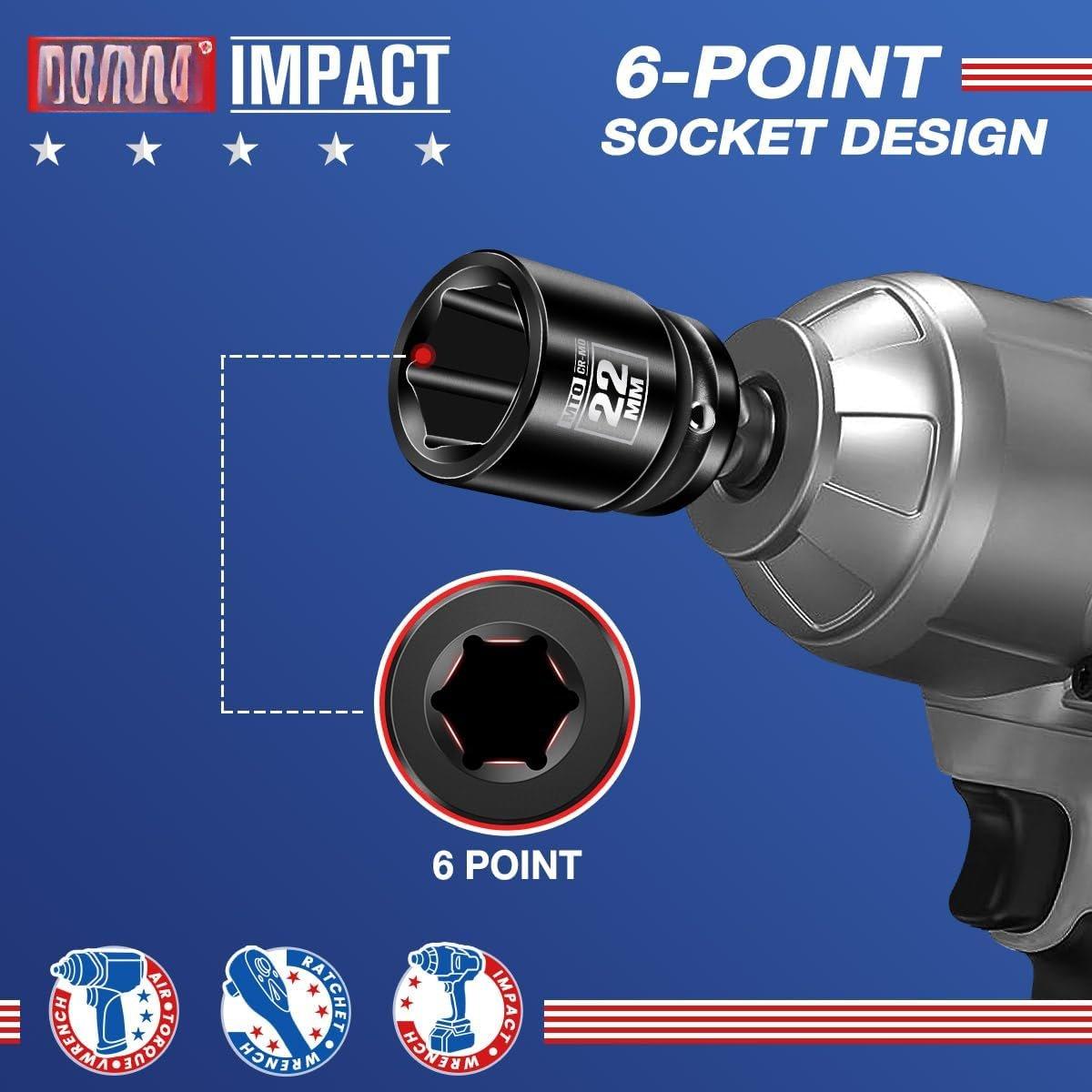 1/2" Drive 22mm Shallow  Socket, 6-Point Metric Socket, CR-MO Steel & Anti- Coating for Tight Spaces and Heavy-Duty Tasks