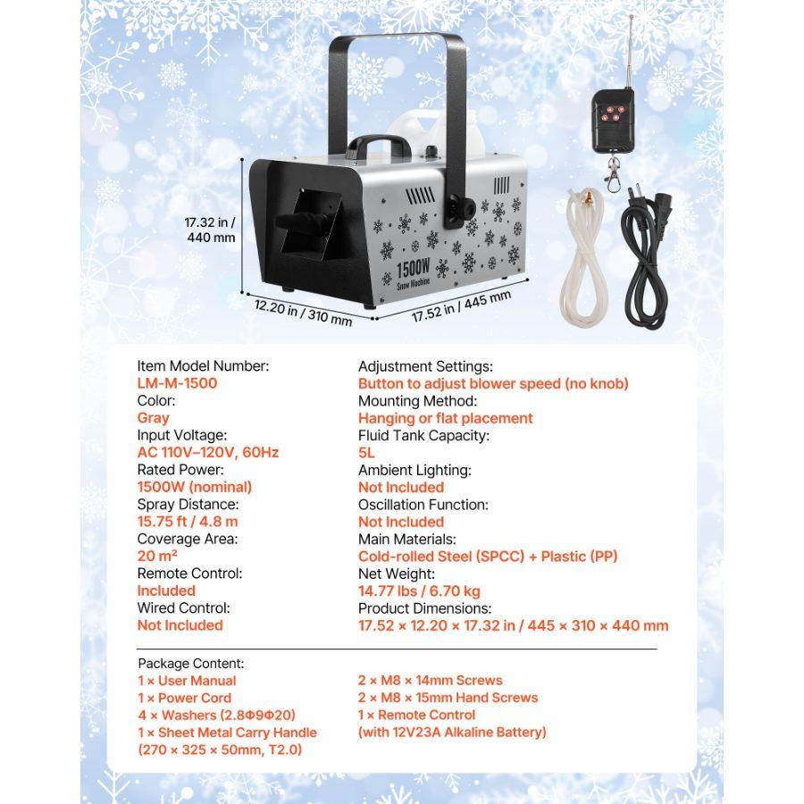 fathersdaygift VEVOR Snow Machine, 1500W Handheld/Hanging Snow Maker By Wireless Remote Control, Portable Snowmaking Machine, High Output Snowflake Maker with 5L Tank for Christmas Party Wedding Stage Effects