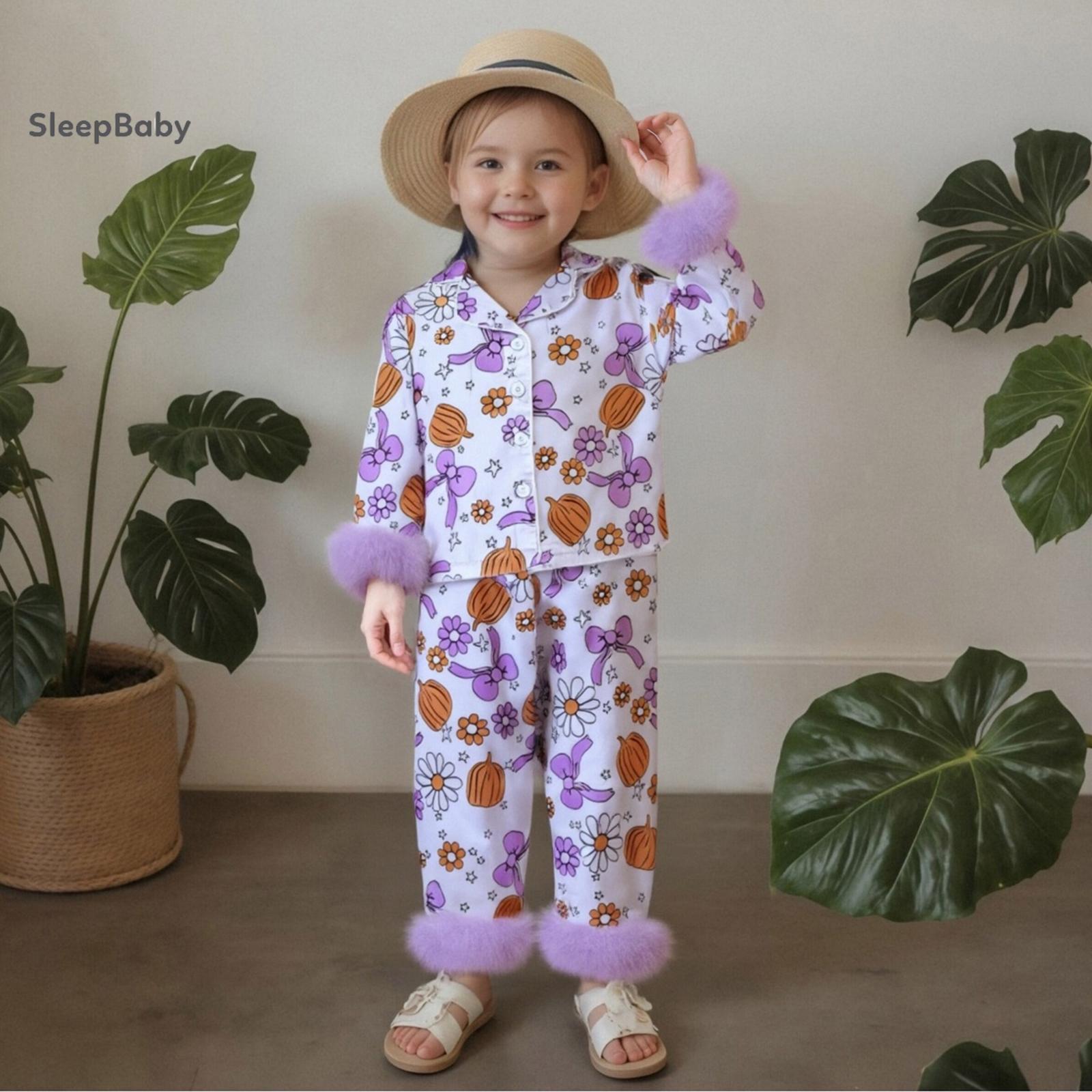 Halloween Cute Cartoon Ghost Pumpkin Print Kids Halloween Satin Pjs 2 Colors Pink Purple Fluffy Fur Cuff Lapel Long Sleeve Two Piece Toddler Girls Daily Holiday Matching Sleep Set
