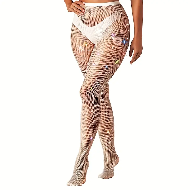 1 Pair Women's Sexy Shiny Pantyhose Fishnet Stockings High-stretch and High-Waisted Rhinestone Tight Fishnet Bodystocking for Party and Costume