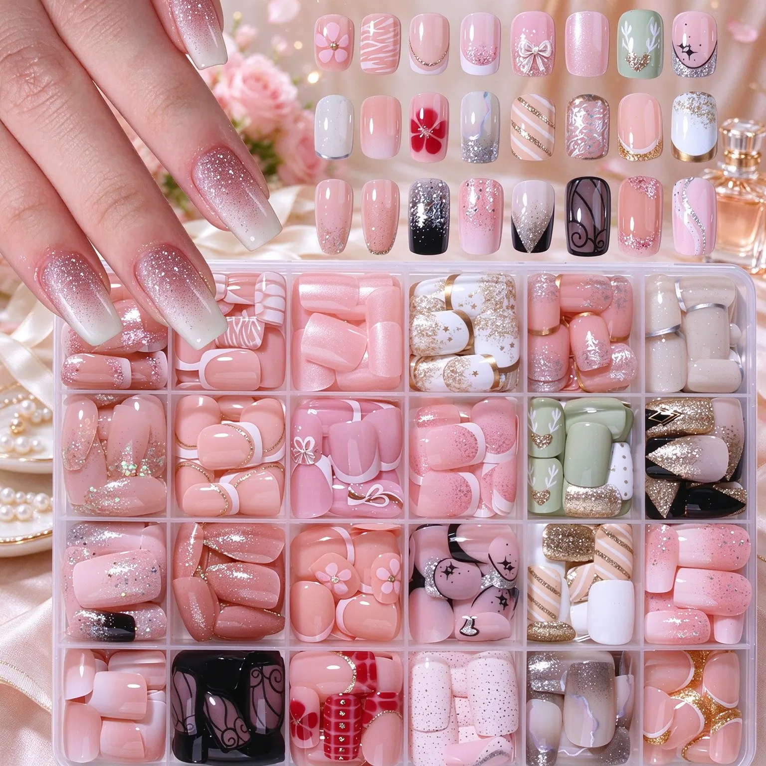 576pcs Short Square Press-On Nails, DIY Fake Nails, Bare Color with Glitter, Floral Print, Acrylic Set, Includes Jelly Glue and Nail File, Ideal for Daily Use