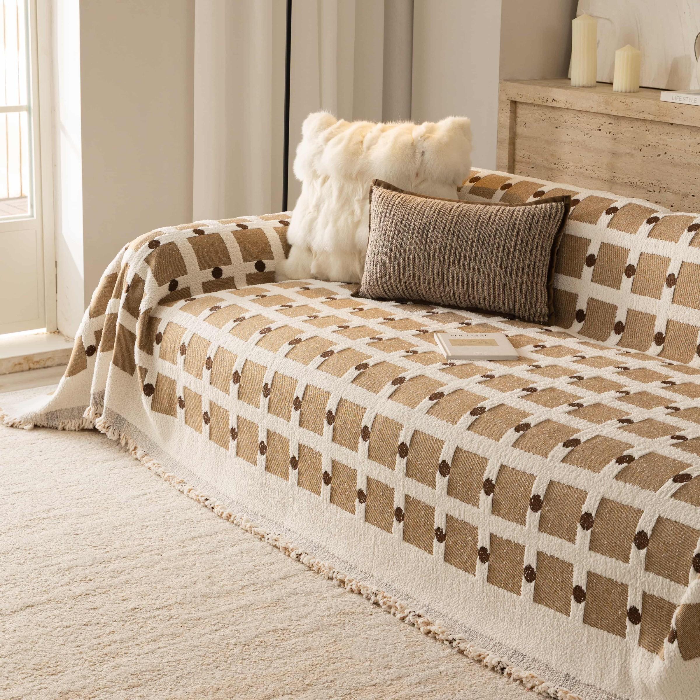 Thick Half-Fleece Sofa Cover, Vintage Checkered Sofa Towel, All-Season Universal Sofa Set, Anti-Scratch, Anti-Dirt, Anti-Slip, Boho Style