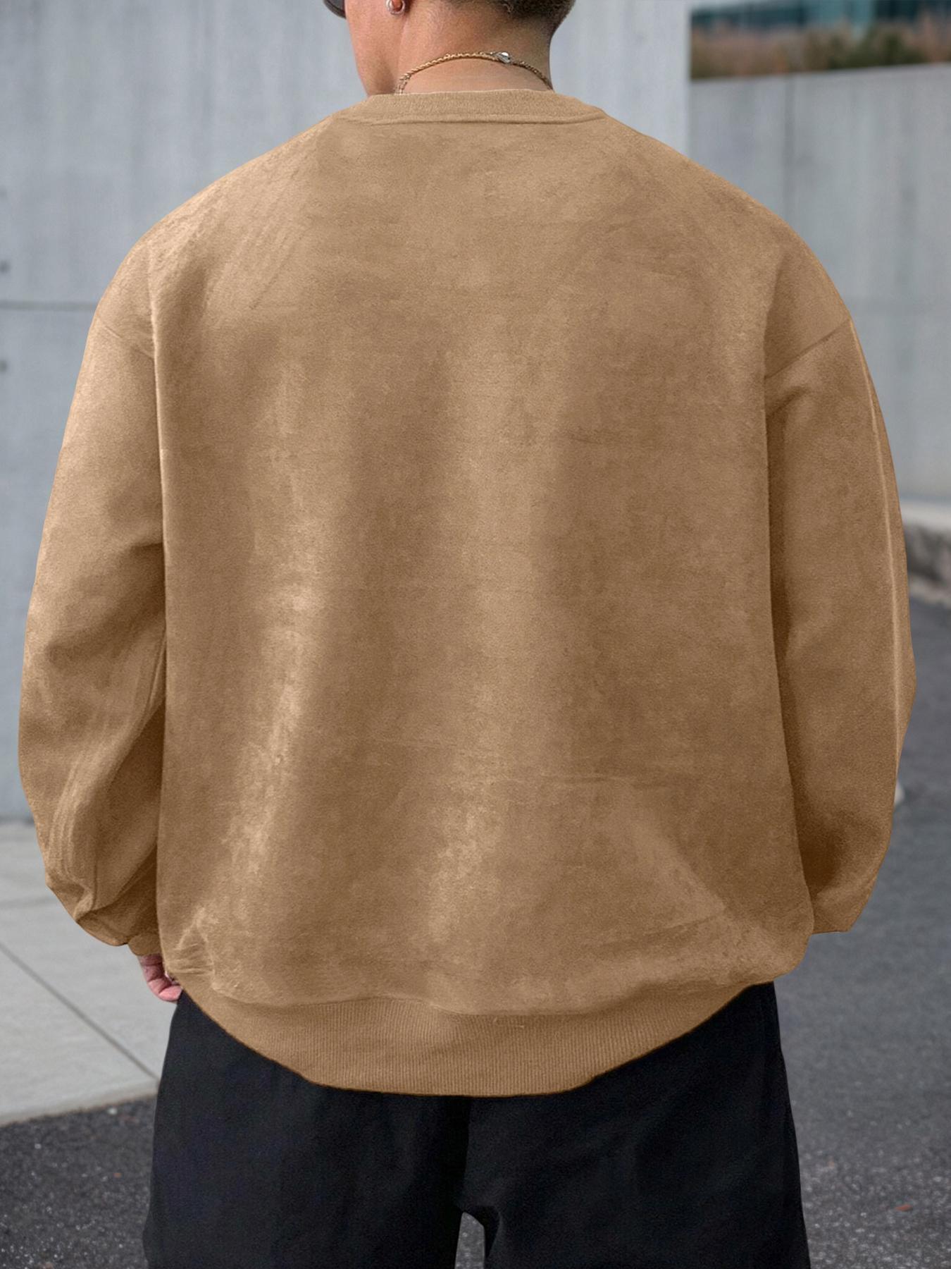 Men's Solid Color Plain Round Neck Drop Shoulder Long Sleeve Fleece Sweatshirt, Casual Fit for Fall & Winter, Comfortable Daily Wear