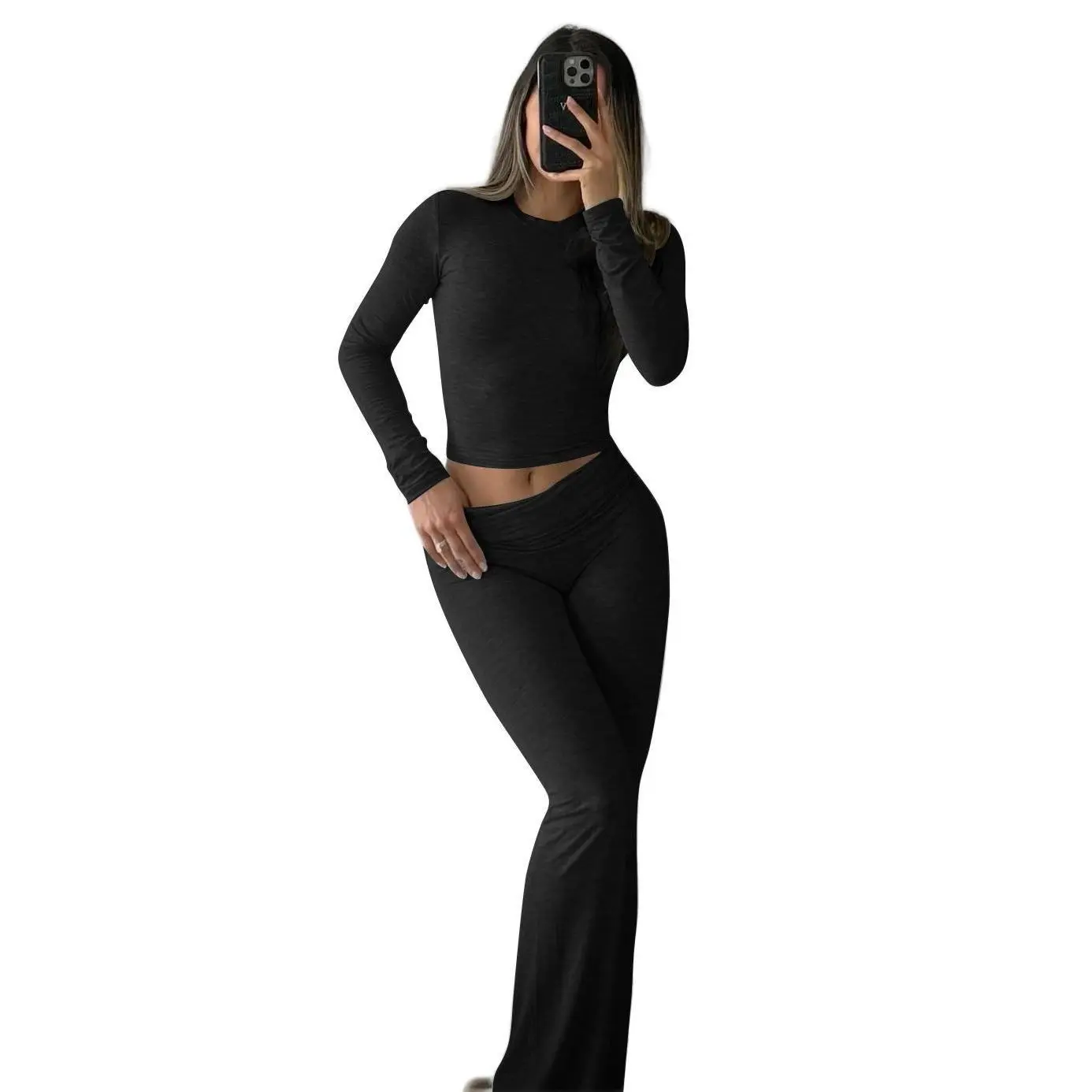 Casual Workout Two Piece Outfits Long Sleeve High Waist Fold-over Flare Flared Leggings Pants Suit Gym Fitness 2 Two Piece Sets Streetwear
