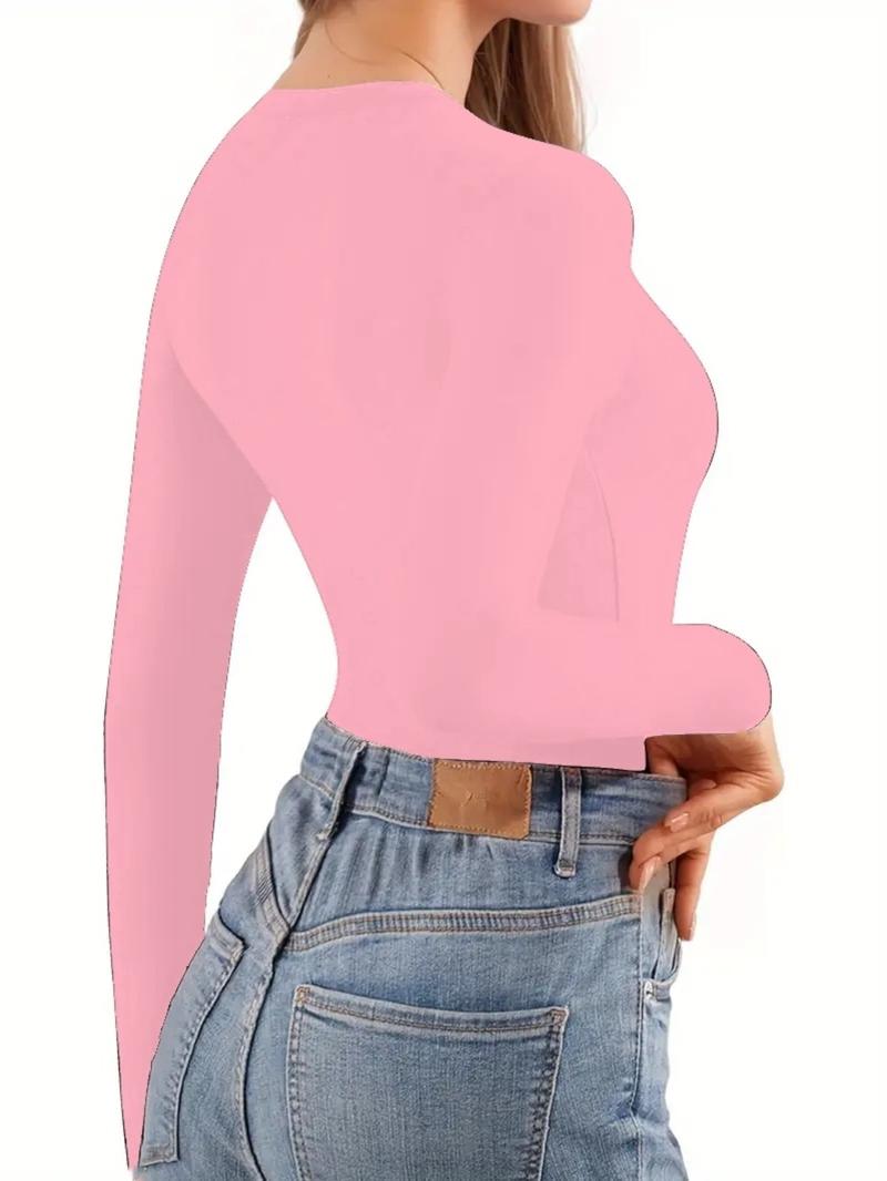 Women's Ribbed Abdomen Control Bodysuit, Long Sleeve Seamless T Shirt,Comfortable Scoop Neck Body Suit Stretchy Basic Tops, Fit Soft Elastic Fabric, Perfect For Daily Wear and  Going Out,Shapewear For All Seasons