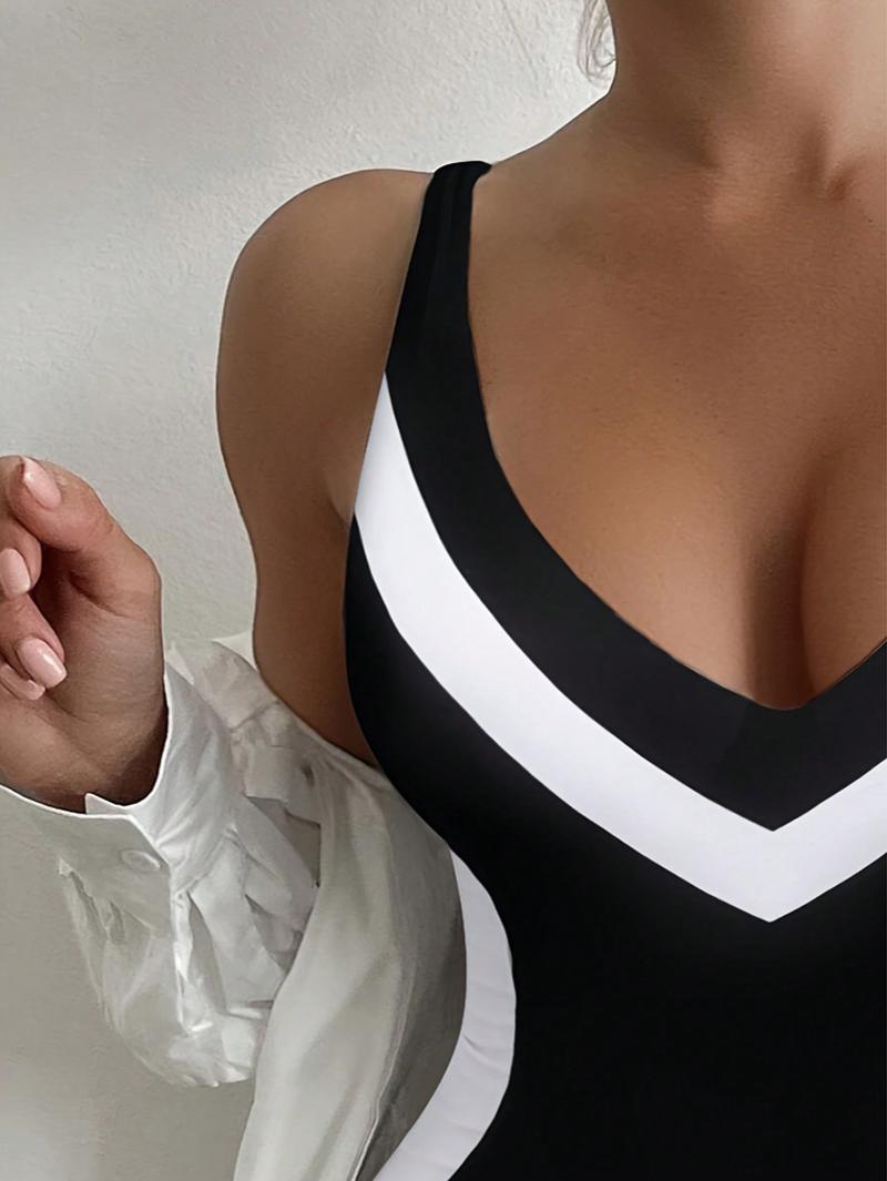 Women's One-Piece Swimsuit V-Neck Push-Up Top High-Waisted Belly Control Swimwear, Casual Slim-Fitting Bathing Suit, Swimsuit Bodysuit