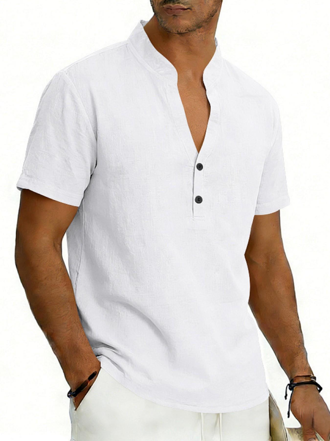 Men's Summer Loose Fit Linen Casual Breathable Henry V Neck Short Sleeve Shirt, Cross-Border American Style Commuter Top