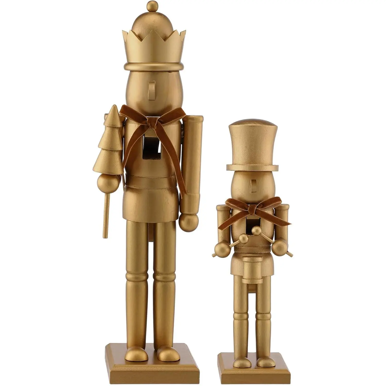 2 Pcs Neutral Christmas Nutcracker Figure 10" 15" Gold Wooden