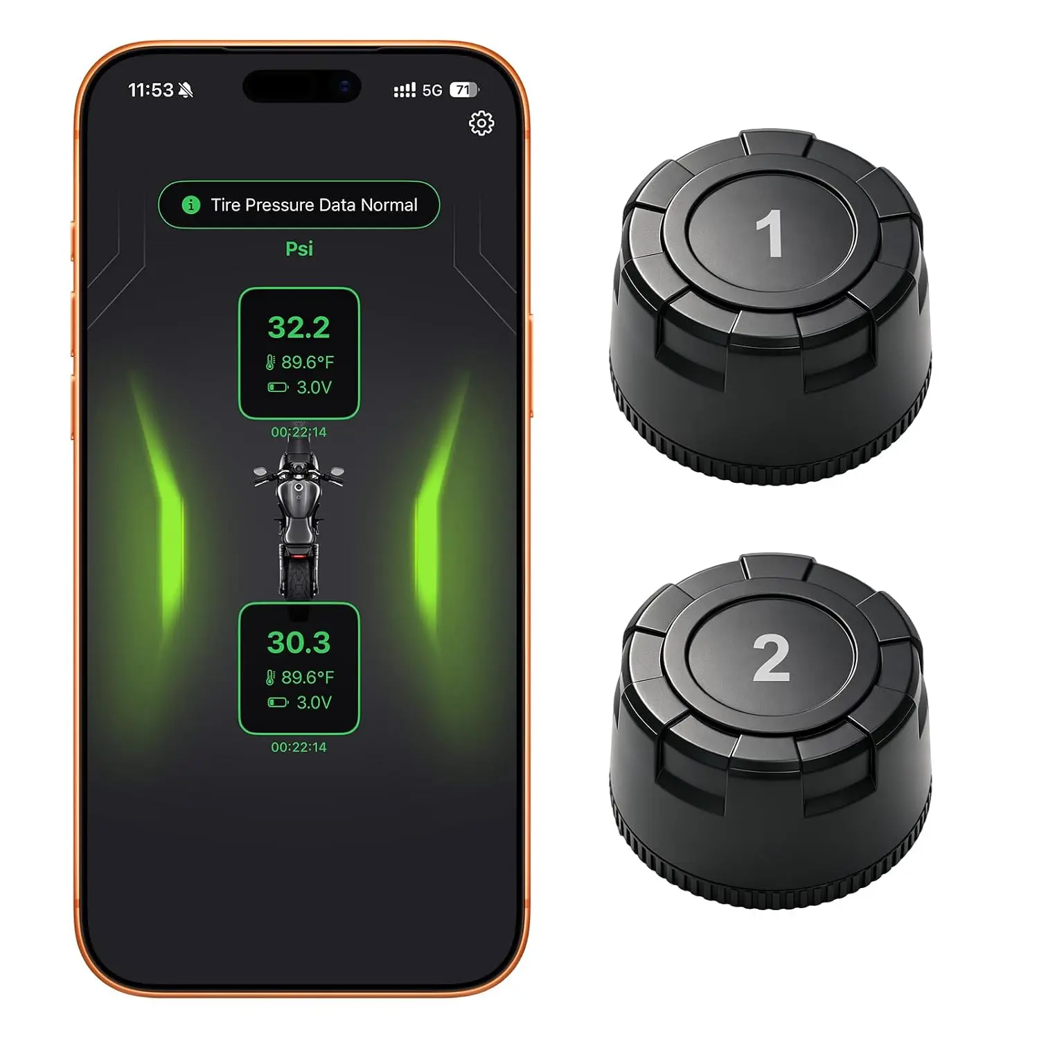 Motorcycle Bluetooth TPMS Sensor Set, Wireless Tire Pressure Monitoring System with 2 Sensors, Phone-Connected, iOS & Android Compatible, 6 Alerting Modes, 0-95 PSI Range for RVs Motorhomes Trailers