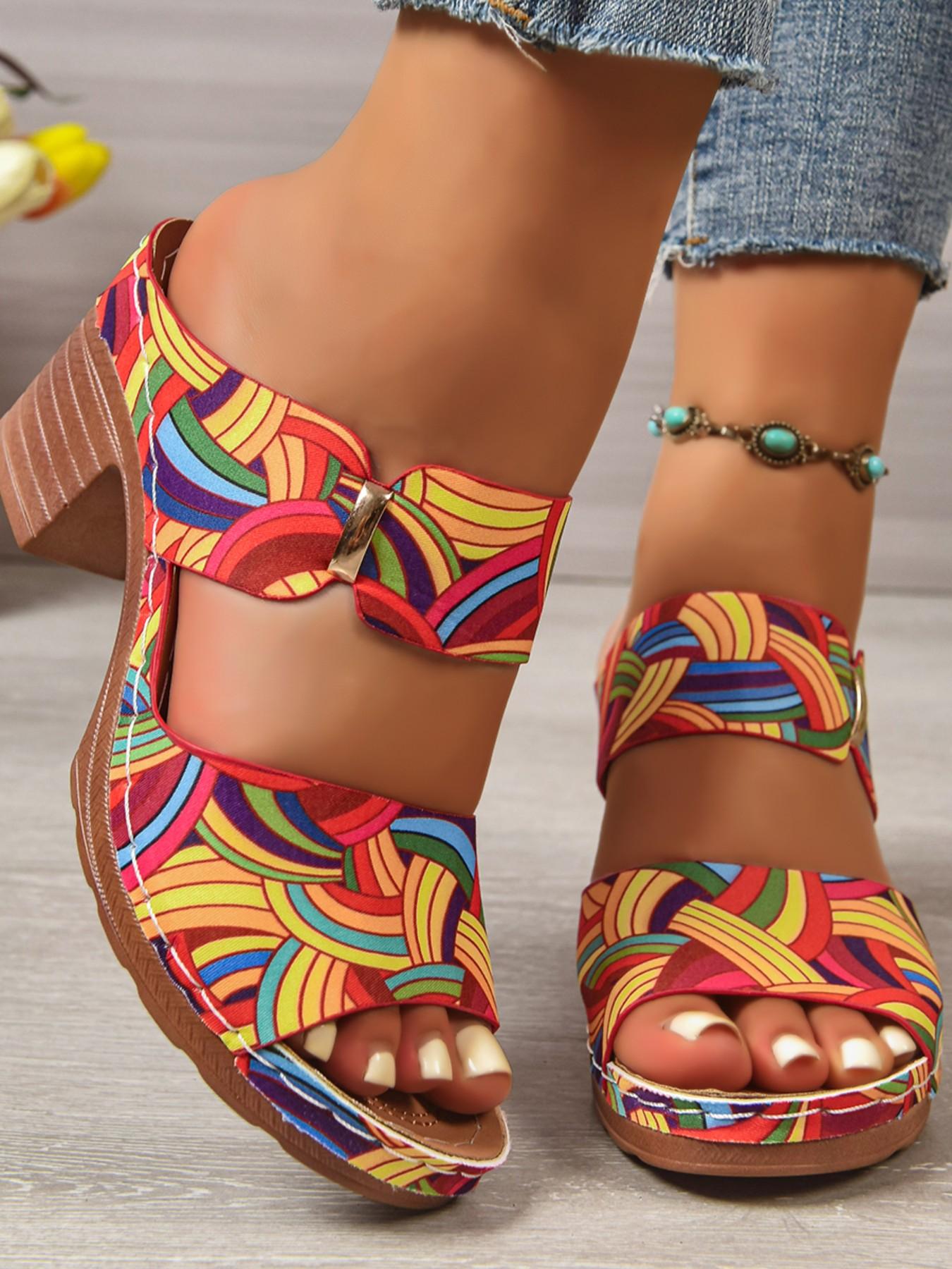 Boho Style Thick Heel Sandals, Colorful Print Flip Flops, Perfect for Vacation, Comfortable and Stylish Footwear