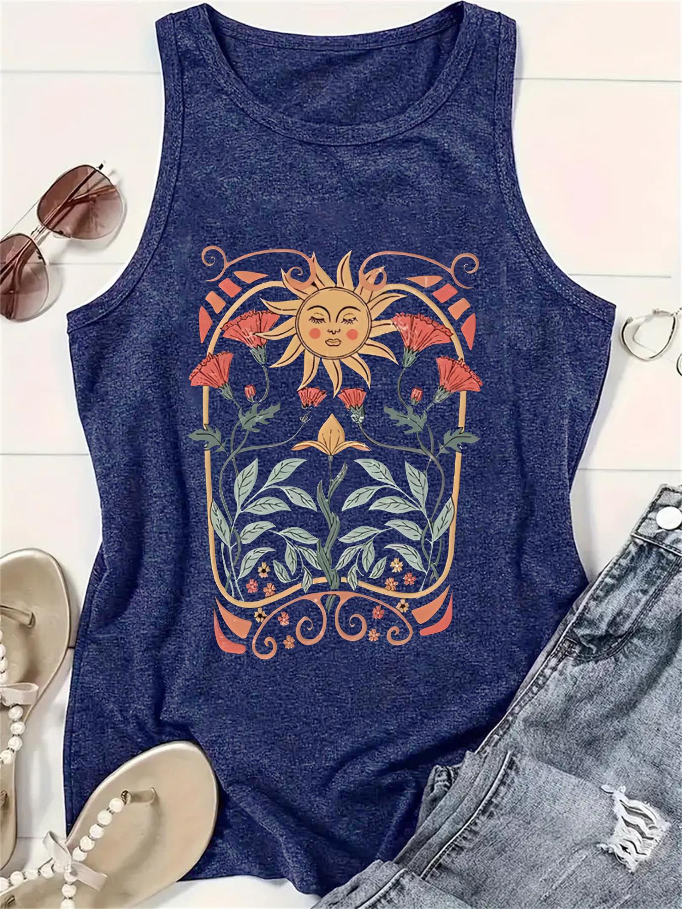 Women's Floral & Sun Print Round Neck Tank Top, Boho Sleeveless Crew Neck Top for Summer, Ladies Clothes for Daily Wear