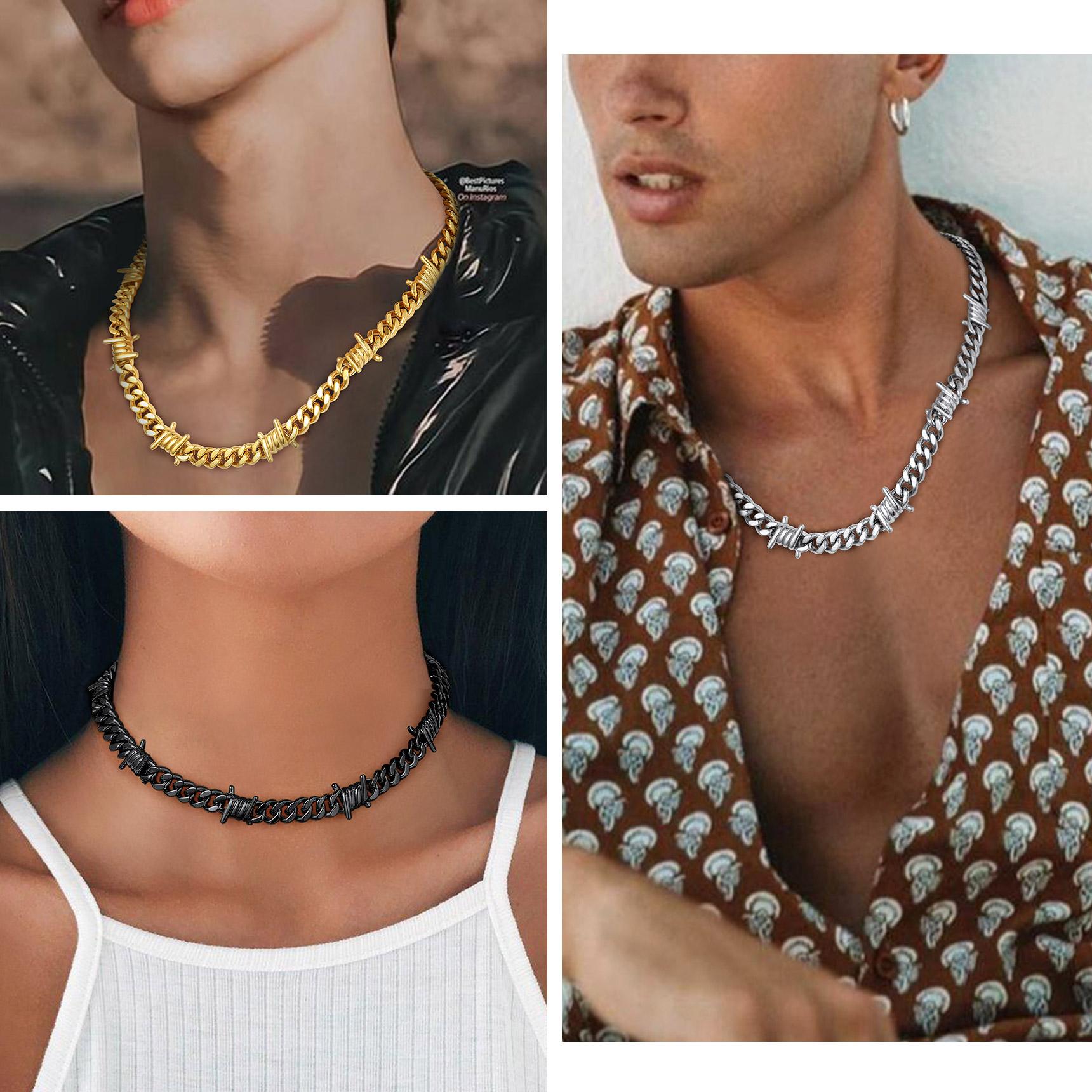 FaithHeart Cuban Link Chain Heavy Thick Barbed Wire Thorns Necklace Stainless Steel