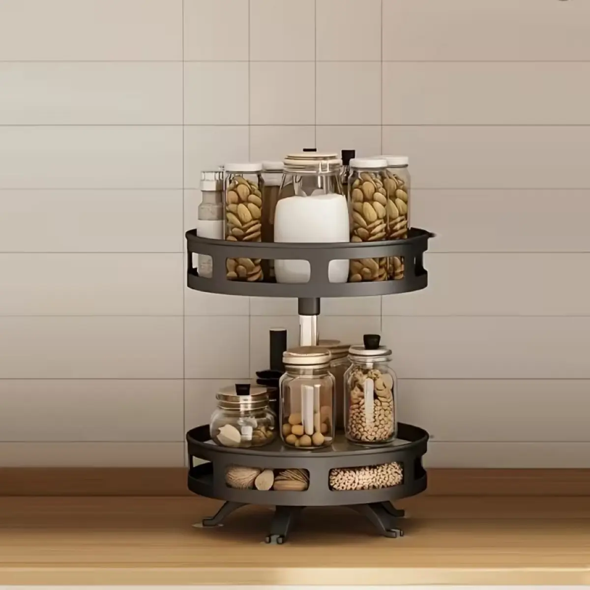 360 Degree Rotating Kitchen Organizer - Metal Spice Rack with Storage Containers for Condiments, Oils, and Vinegar  Utensils