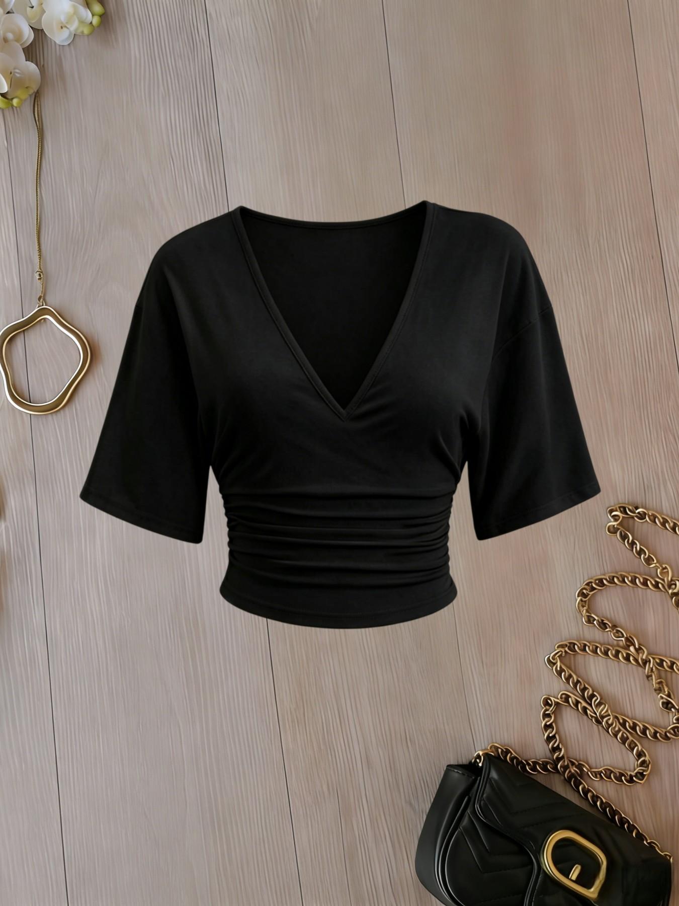 3 Pack Solid Color Ruched Crop Top for Women, Deep V Neck, Three-Quarter Sleeves, Slim Fit, Casual Chic Basic Minimalist T-Shirt
