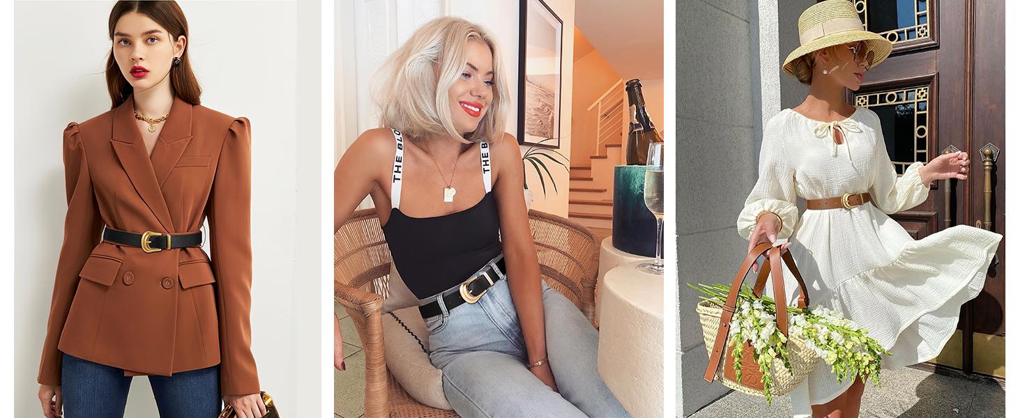 JASGOOD Women's Western Belt Vintage Black Leather Waist Belt with Gold Buckle for Pants Jeans