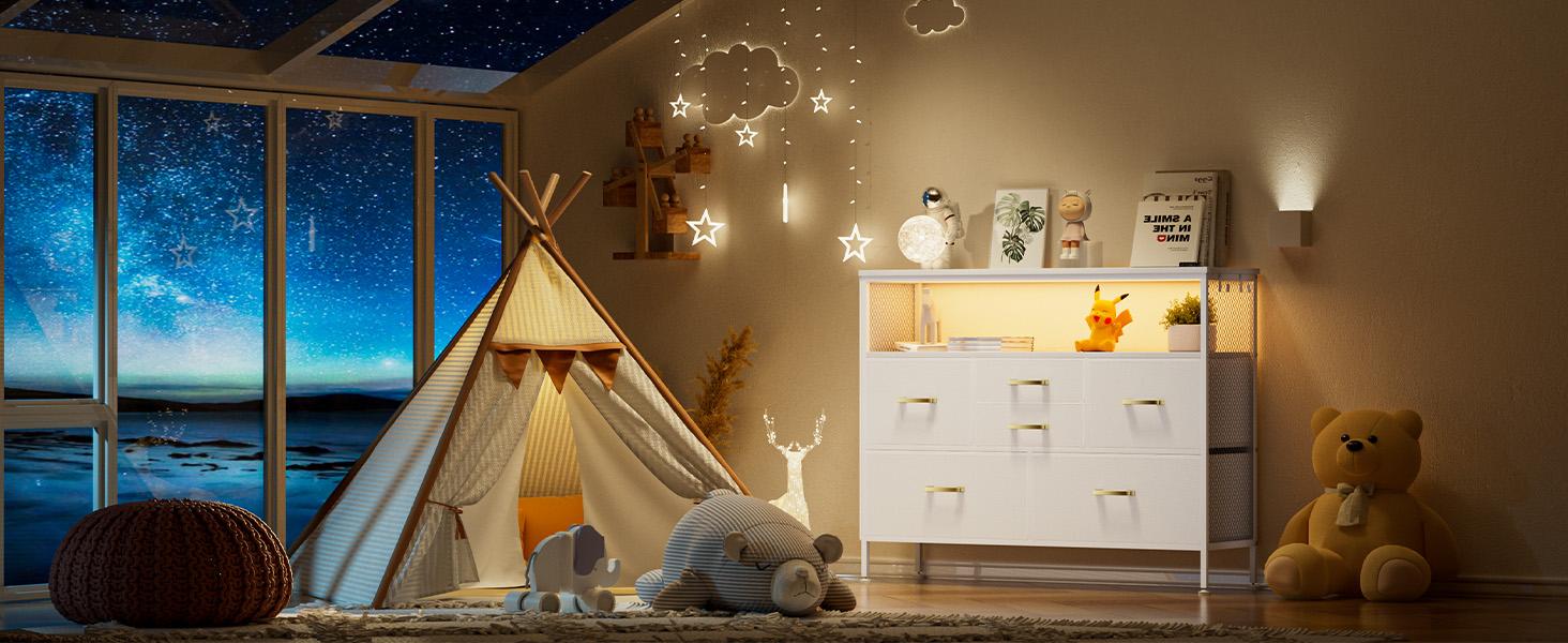 Bedroom Dresser TV Stand with LED Lights & Charging Station, 6 Fabric Drawers with Side Pockets, Wide Storage Dresser for Bedroom, Living Room, or Closet, Modern Media Console for TVs up to 43" Cupboard Furniture