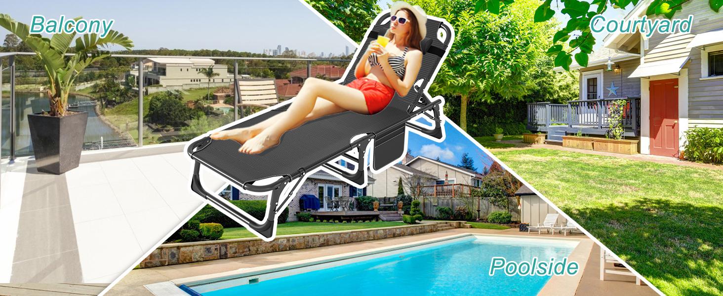 Lilypelle Heavy Duty Patio Chaise Lounge, 500LB Bearing 3IN1 Adjustable Lounge Chair 1200D Oxford Adults Sleeping Camp Chair, with Mattress