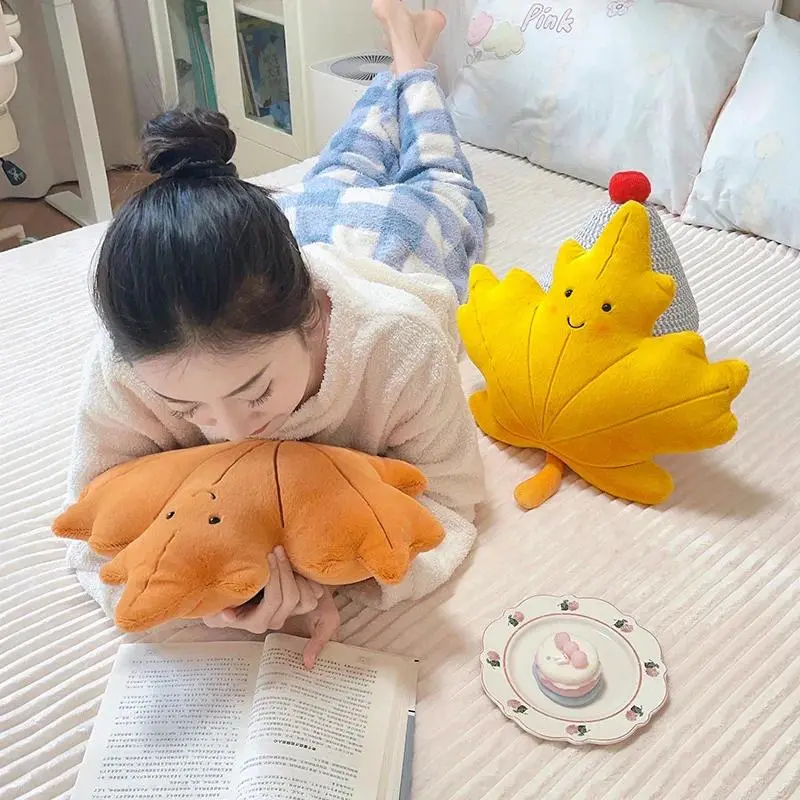 Smiling Face Maple Ginkgo Leaf Plush Pillow Stuffed Kawaii Plant Cushion Sofa Chair Decoration Gift