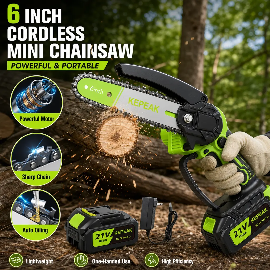6-Inch Cordless Lightweight Mini Chainsaw Kit, Portable Electric Handheld Chainsaw Tree Trimmer with Battery and Charger for Tree Trimming, Wood Cutting