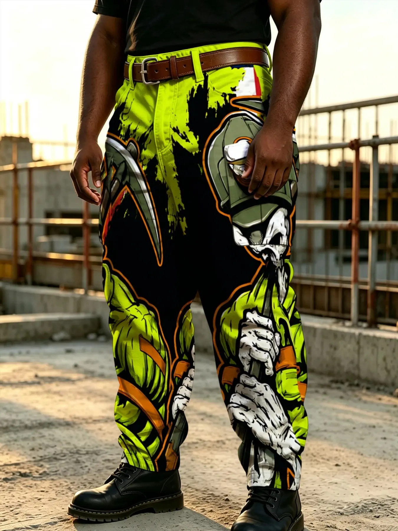 Plus-Size American-Style Skull Miner Scythe Full-Print Work Pants for Men, Neon Green Multi-Pocket Straight-Leg Tactical Work Pants