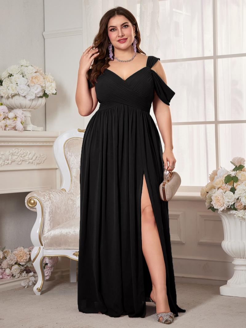 Elegant V Neck Backless Ruched Waist Chiffon Dress, High Slit Bridesmaid Gown, Pure Color Flowy A-Line, Perfect for Weddings