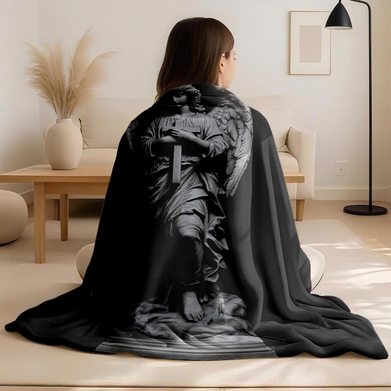 1 piece Holy angel statue holding a cross themed flannel blanket - Oversized fluffy flannel sofa blanket, suitable for beds and sofas, modern design, all-season use, digitally printed pattern, 100% polyester material, machine washable, suitable for
