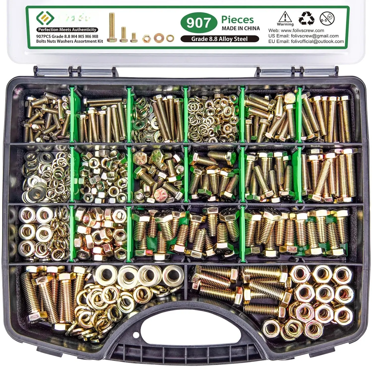 907 count Grade 8.8 Metric Bolt , M4 M5 M6 M8 Heavy   and Nuts Kit, Yellow Zinc Plated, Length from 12-30mm