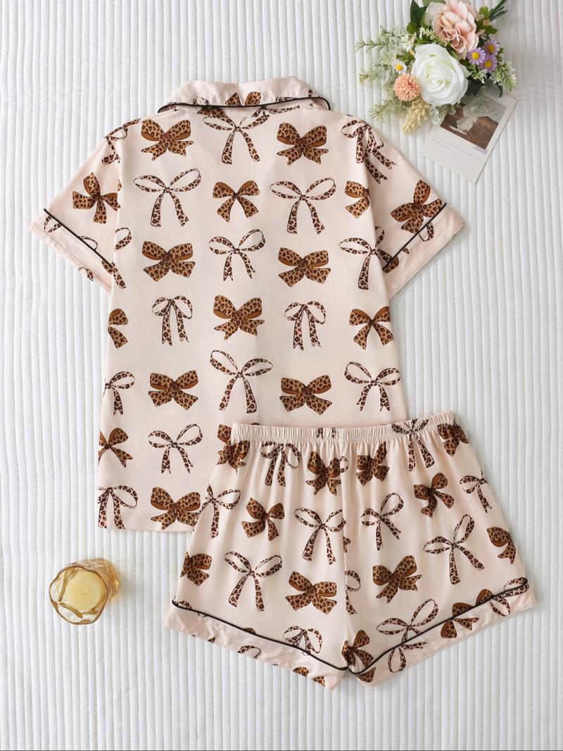 Women's Leopard Bow Print Sleepwear Set, Casual Fitted Short Sleeve Top & Loose Comfortable Shorts, Elegant Ladies' Nightwear