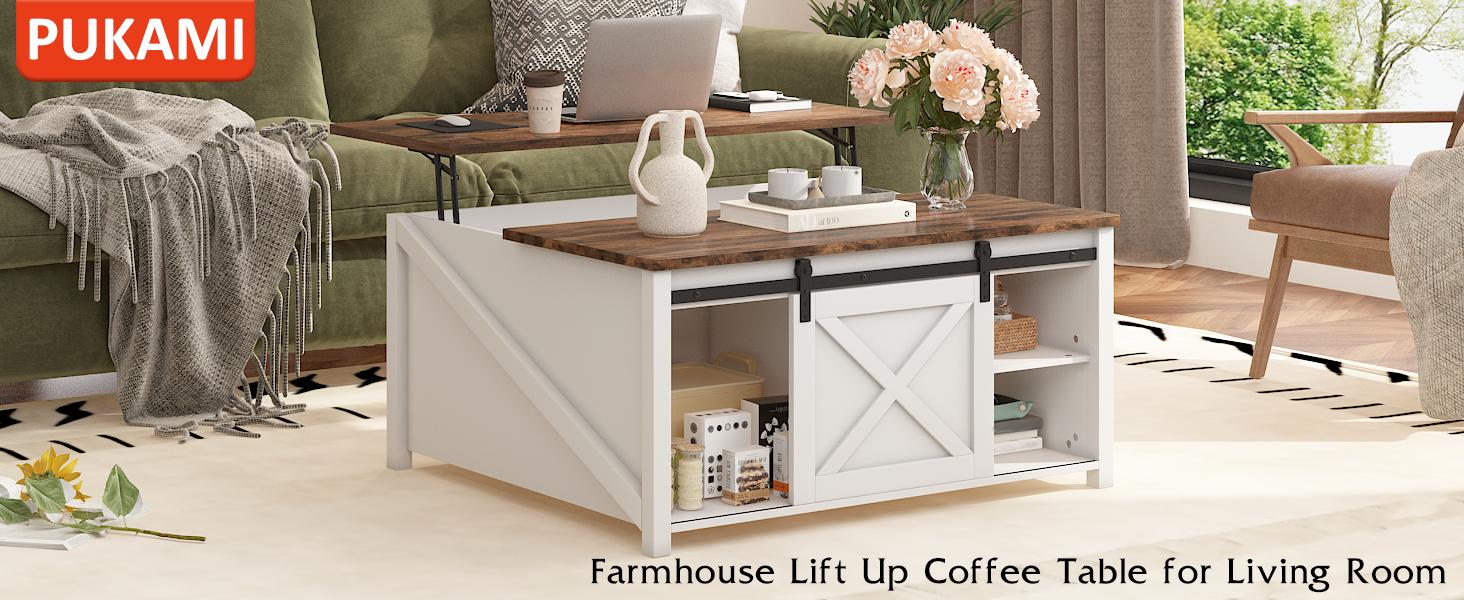 PUKAMI Lift Top Coffee Table with Storage, 31.5" Farmhouse Coffee Table for Living Room, Square Coffee Tables with Large Hidden Storage and Sliding Barn Doors