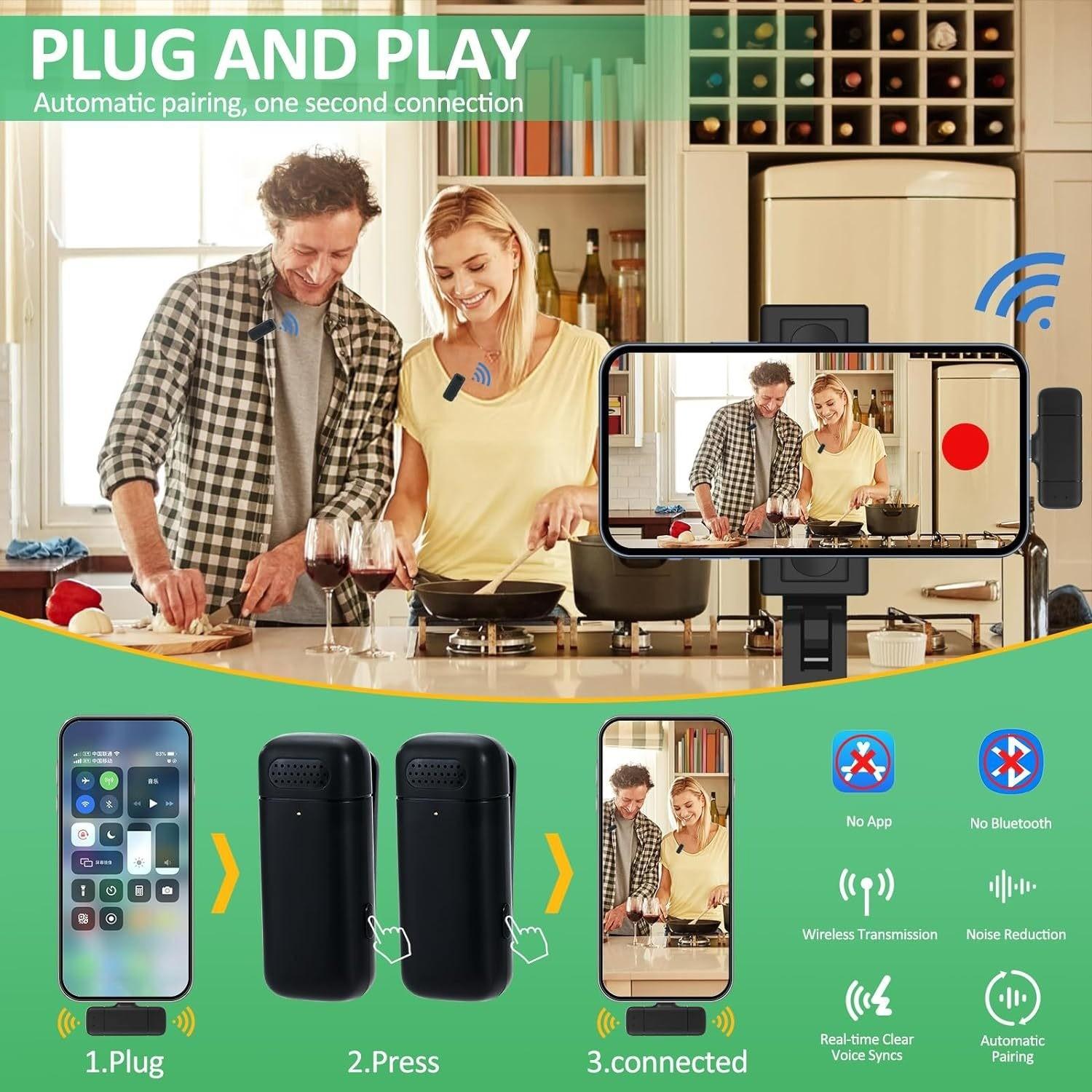 Professional Wireless Lapel Microphone Set (2 Pieces), Compatible with iPhone iPad Android Devices, Noise Reduction, Plug-And-Play, Ideal for Video Recording