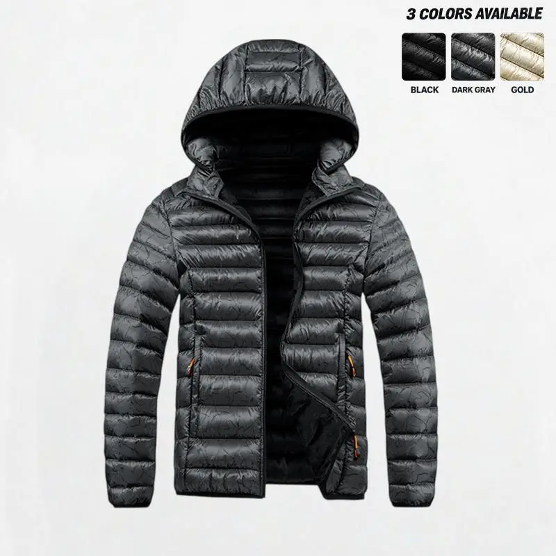 Men's hooded puffer jacket with full zipper closure and soft inner ...