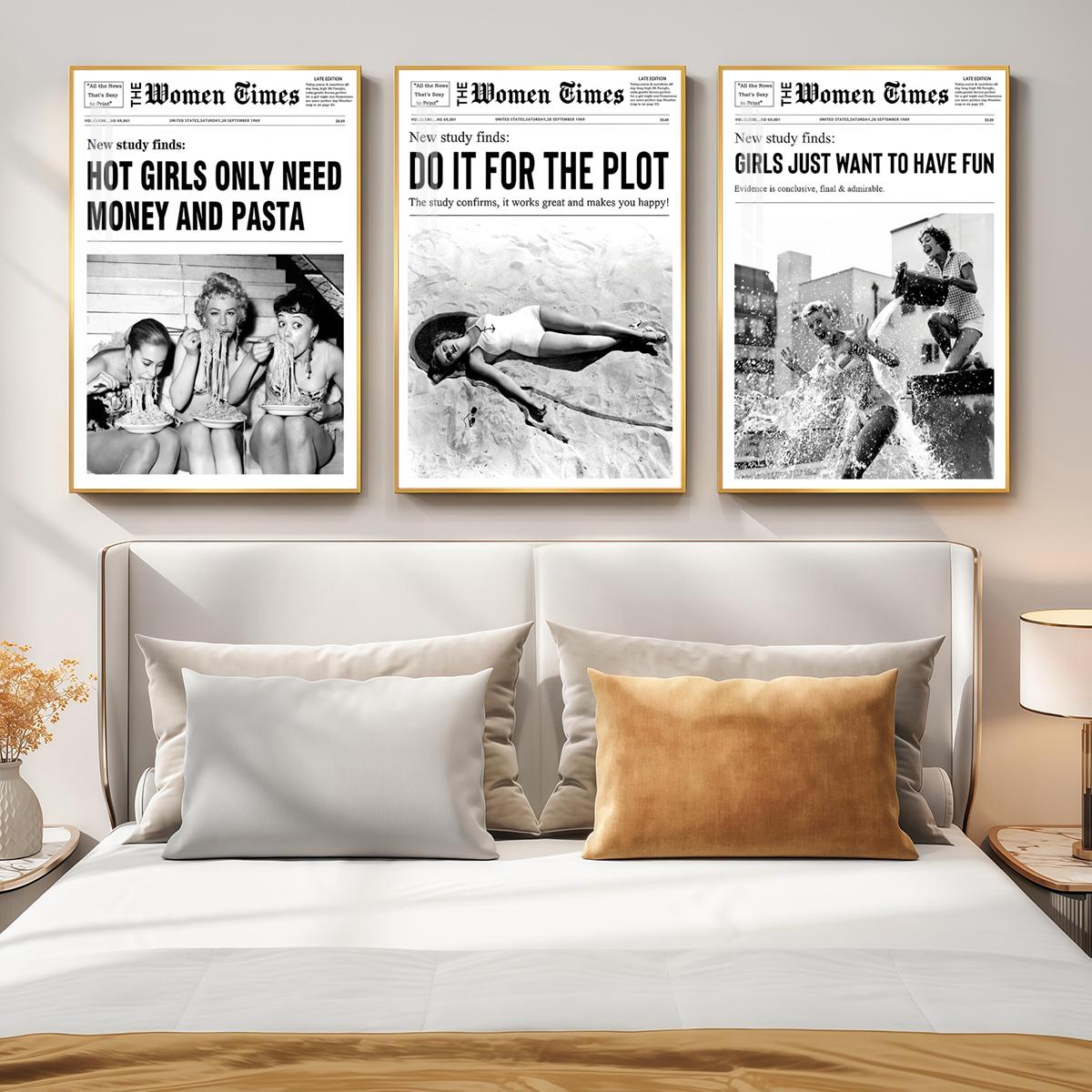3 Counts Aluminum Alloy Framed Painting, Vintage Women Newspaper Poster Set, Home Decoration For Living Room, Bedroom, Office, Restaurant, Hallway Wall Decor, Odorless Print Artwork, Luxury Perfect Gift For Friends And Family