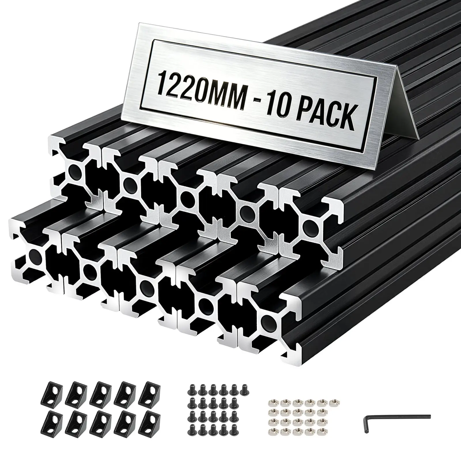 VEVOR 10PCS 2020 European Standard T-Slot Anodized High-Strength Aluminum Extrusion Profile Rails with Screws, 48in/1220mm Linear Rail for CNC/Printer DIY Users’ Workbench, Black