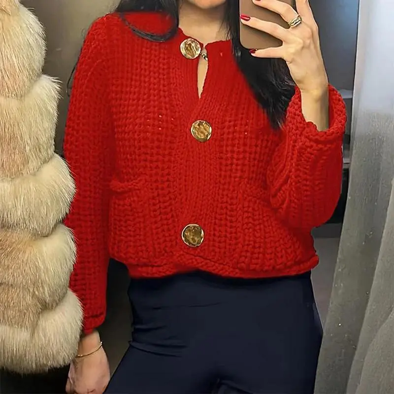 Women's Chunky Knit Cropped Cardigan Sweater Gold Button Patch Pocket V Neck Long Sleeve Knit Jacket Christmas Gift Fall Winter