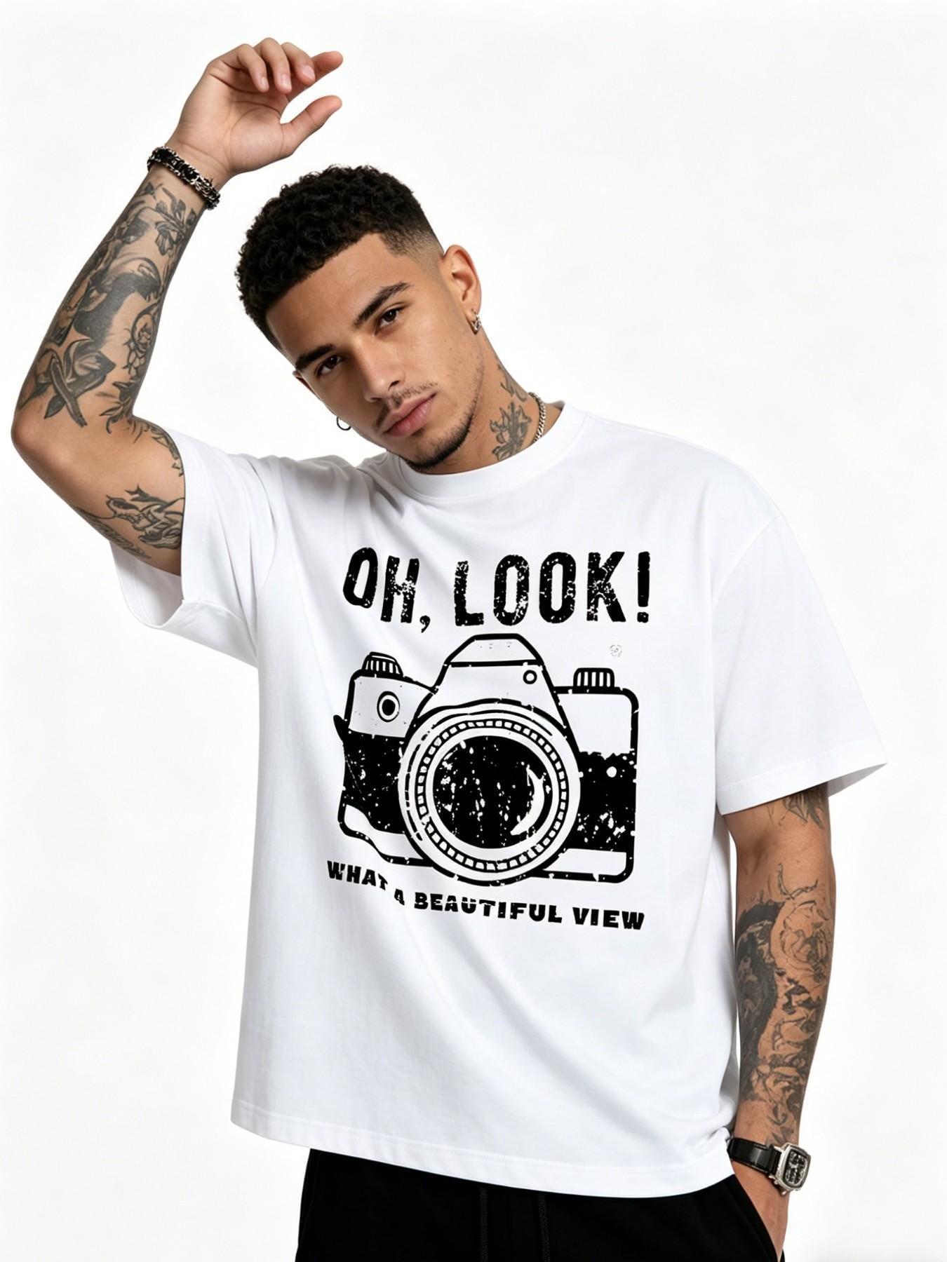 Men's Vintage Camera Pattern Cotton T-Shirt, American Retro Street Style, Casual Loose-Fitting Short Sleeve Top, Long Length