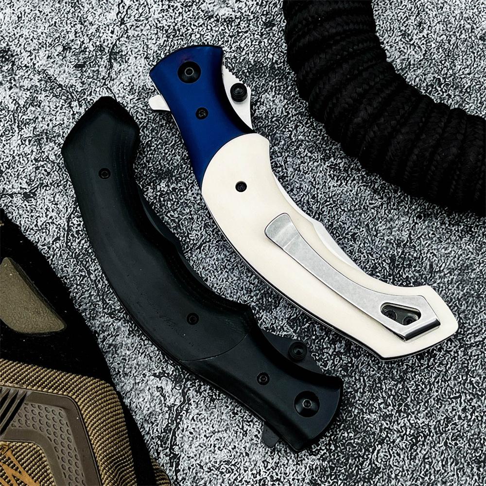 Two colored 7471 best-selling folding knives, featuring 8Cr13Mov steel blades and handles crafted from ebony wood and resin. Portable, practical pocket knives, Survival tools, ideal for outdoor camping, hiking, fishing