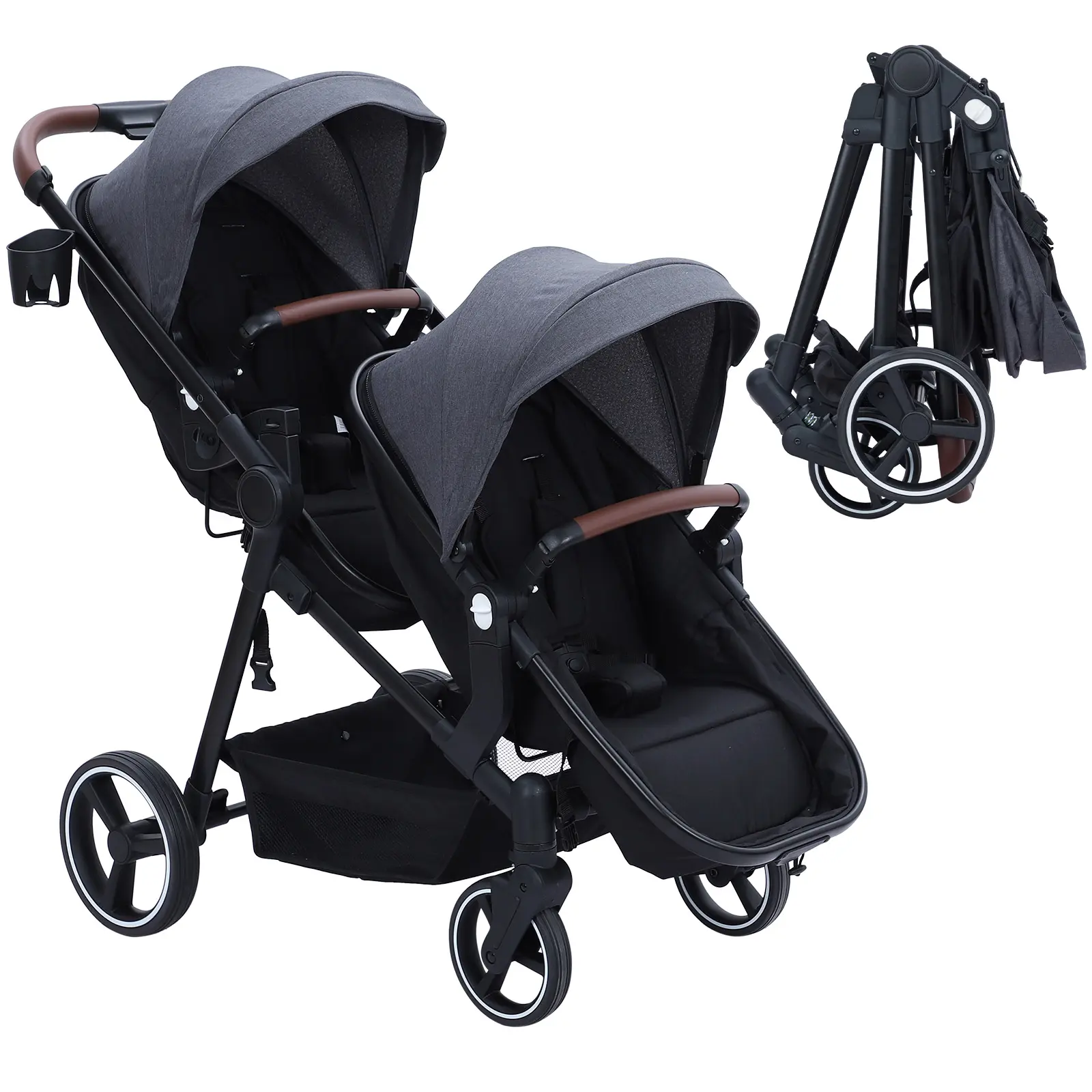 Double Stroller for Infants & Toddlers - Collapsible Tandem Pushchair with Reversible Seats - Adjustable Backrest & Canopy, Large Storage Basket, Multi-Position Bassinet Pram - Grey