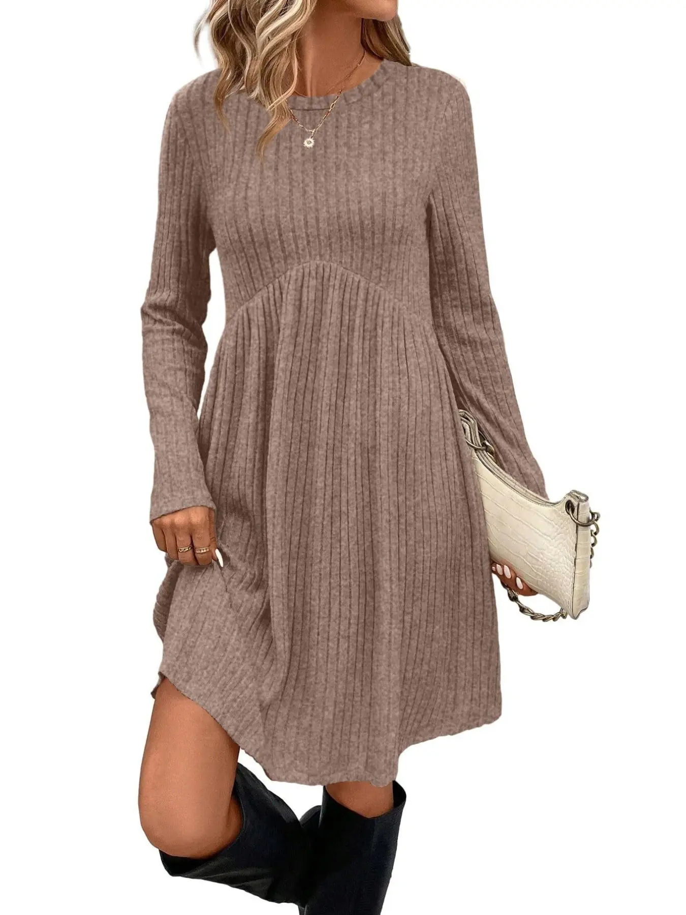 Women’s Ribbed Knit Sweater Dress, Long Sleeve Crew Neck a Line Mini Dress, Casual Fall Winter Pullover Dress, Comfortable and Stylish